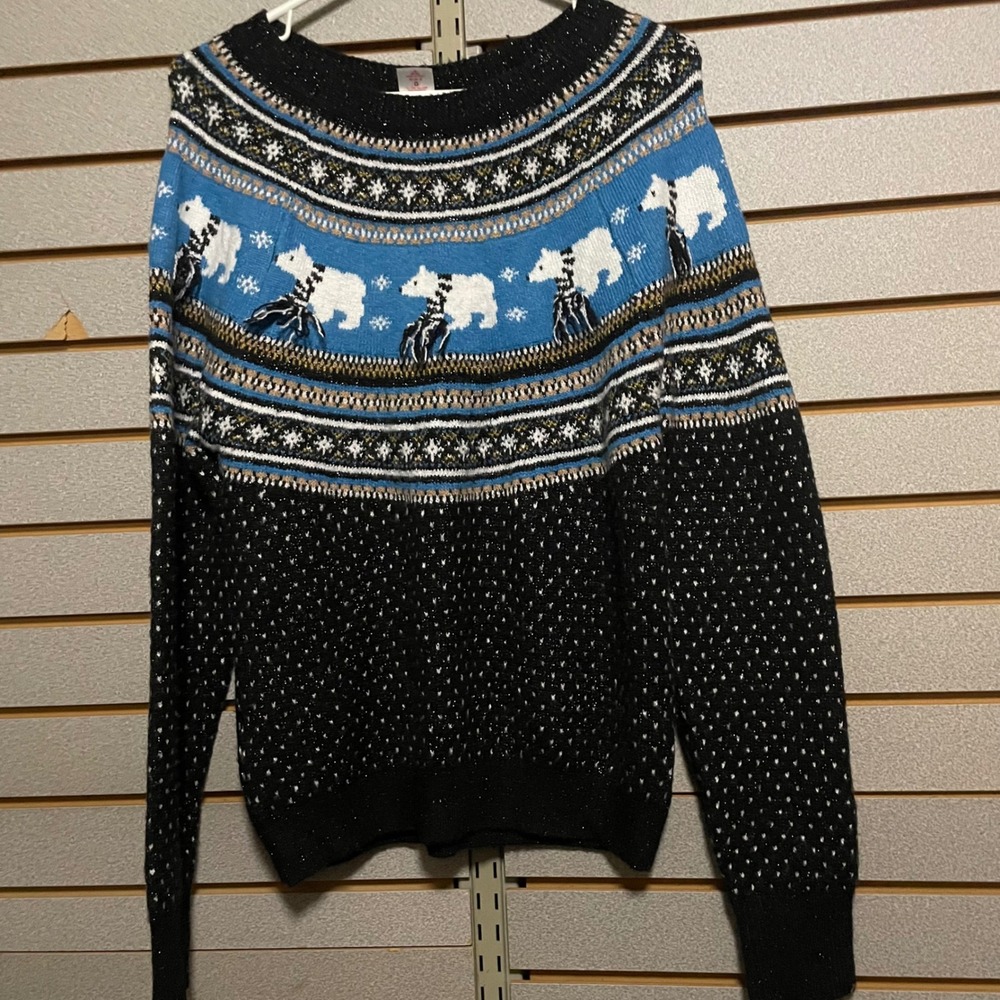 Holiday Time Womens M Ugly Christmas Sweater Polar Bears Sparkle Black‎ Blue